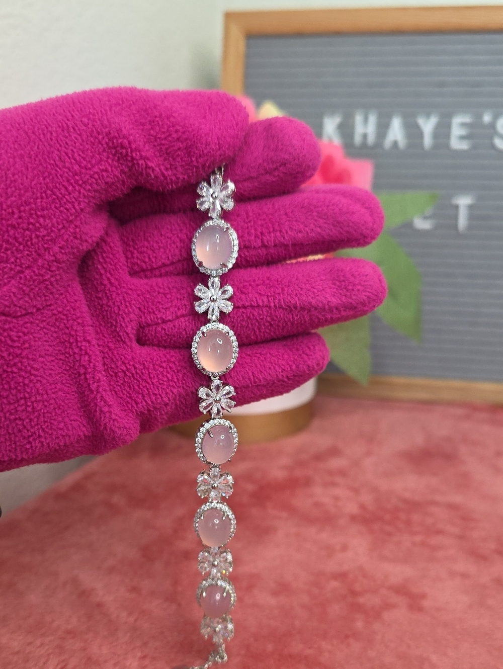 🔹️FINAL SALE🔹️ Pink Chalcedony Stone Floral Silver Bracelet
